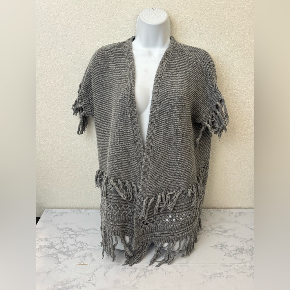 Aeropostale Open Front Cable Knit Short Sleeve Cardigan Sweater XS Fringe Gray​​